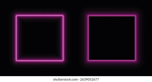 Pink purple neon square frame isolated on black background with glowing border for decoration and mockup