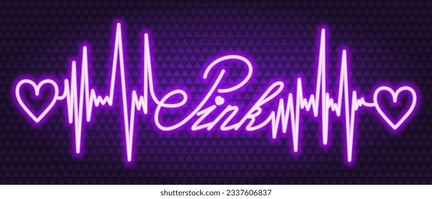 Pink. Purple neon. The text is embellished with pulses and hearts. Color vector illustration. Isolated background of purple triangles. Broken zigzag line and romantic lettering in italics. 