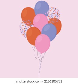 Pink Purple Orange And Confetti Birthday Balloon Bunch, Premium Vector