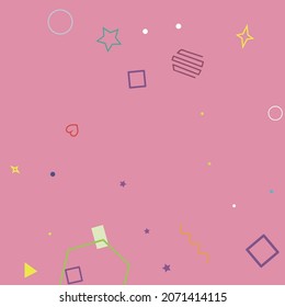 Pink Purple Orange Simple Ring Hearts Oval Geometry Illustration. Polygonal Zigzag Wave Stars Green Violet Colorful Background. Pastel Rectangle Yellow Square Bright Circle Red Hipster Background.