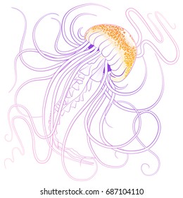 Pink purple outline jellyfish in tattoo style with orange stipples vector illustration. Tropical theme coloring page