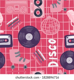 Pink and purple palette seamless pattern with disco ball, microphone, rollers, cassette, tape recorder, vinyl, record shapes. Chequered background. Vector illustration.