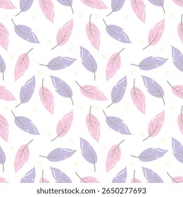 Tom pastel rosa e roxo folhas em um fundo branco. Padrão sem costura é planta para roupas, tecido, papel de parede, pano de fundo, decoração de casa, livro de capa e arte de parede. 