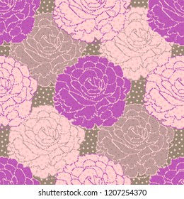 pink, purple and peach peonies in a floral seamless pattern tile with polka dots texture. for textile, fabrics, backgrounds, templates, print, digital, wallpaper and backdrops. swatch is at eps. file