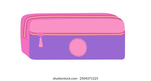 Pink Purple pencil case isolated on white background. Office or education tools, creativity equipment. Children stationery for writing and drawing. Students, classroom, back to school illustration.