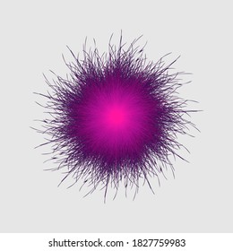 Pink and purple pompon. Fluffy pompon isolated. Fur ball. 3D vector illustration.