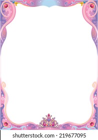 Pink and purple princess decorative frame with tiara, flourishes and colorful rhinestones. Isolated vector illustration.