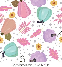 Pink and purple pumpkin seamless pattern with autumn leaves and decorative dots on white background. For autumn decor, harvest festival, halloween, healthy food, packaging, textile. 
