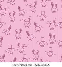 Pink purple rabbit with hat and bow tie - seamless repeating pattern illustration