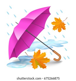 Pink or purple realistic umbrella with falling orange leaves, raindrops and puddles isolated on white background. Rainy autumn day. Vector illustration