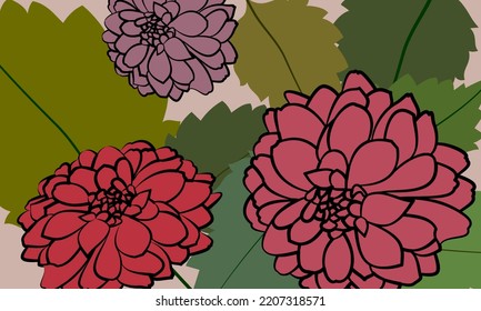 Pink, purple and red flowers and green leaves on beige background, Vector pattern, Illustration, Decoration