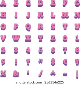 Pink and purple robot anime style alphabet uppercase letters and numbers and symbols