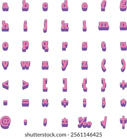 Pink and purple robot anime style alphabet lowercase letters and symbols