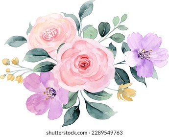 Pink purple rose flower bouquet with watercolor for background, wedding, fabric, textile, greeting, card, wallpaper, banner, sticker, decoration etc.
