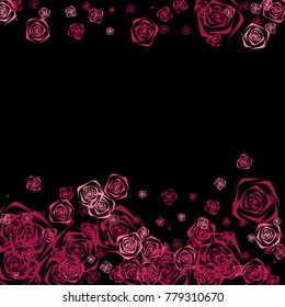rosas rosas rosas y moradas de diferentes tamaños sobre un fondo negro.Flores. Hermoso fondo de rosas rosas rosas. Ilustración vectorial. Placer de flores. Dibujo vectorial de rosas.