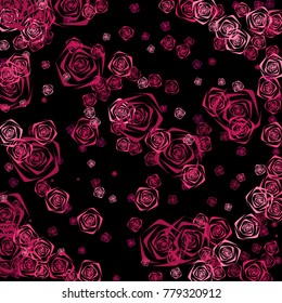 Pink and purple roses of different sizes on a black background. Flowers. Beautiful background of Pink roses. Vector illustration. Placer of flowers. Vector drawing of roses.