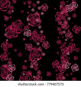 Pink and purple roses of different sizes on a black background. Flowers. Beautiful background of Pink roses. Vector illustration. Placer of flowers. Vector drawing of roses.