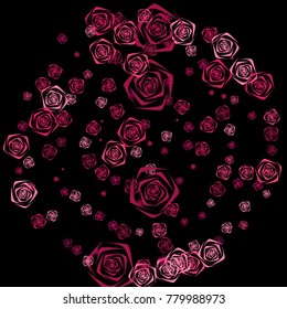 Pink and purple roses of different sizes on a black background. Flowers. Beautiful background of Pink roses. Vector illustration. Placer of flowers. Vector drawing of roses.