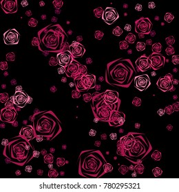 Pink and purple roses of different sizes on a black background. Flowers. Beautiful background of Pink roses. Vector illustration. Placer of flowers. Vector drawing of roses.