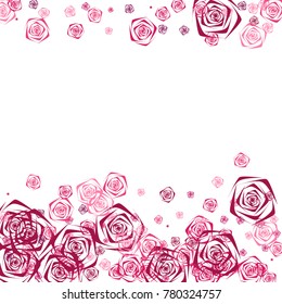 Pink and purple roses of different sizes on a white background. Beautiful background of Pink roses. Vector illustration. Placer of flowers. Vector drawing of roses.