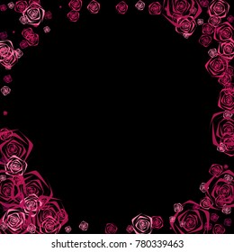 Pink and purple roses of different sizes on a black background. Flowers. Beautiful background of Pink roses. Vector illustration. Placer of flowers. Vector drawing of roses.