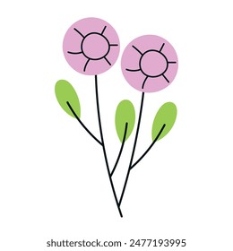 Pink, purple round flower. Stem with two pink buds and green leaves. Design element for spring and summer seasons. Ideal for a poster, invitation t-shirt print or greeting card. Hand drawn vector