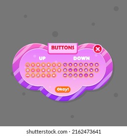 Pink Purple Rounded Pop Up Window Buttons Set With Dots And Stripes GUI Cute Colorful Cartoon Vector Design