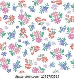 pink and purple seamless flowers pattern. Delicate petals and vibrant blossoms create an artistic and vintage botanical illustration. Perfect for wallpaper, fabric, wrapping paper and more.