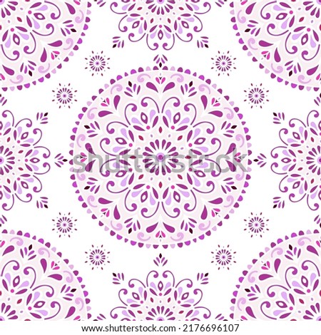 Pink and purple seamless pattern with mandala ornament. Traditional Arabic, Indian motifs. Great for fabric and textile, wallpaper, packaging or any desired idea.
