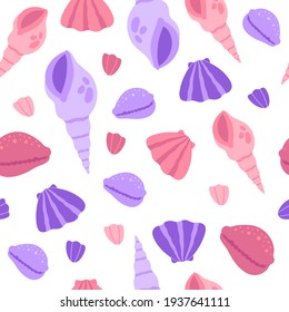 Pink and purple seashell summer seamless pattern. Marine underwater life, beach ocean shells, modern trendy vector flat cartoon illustration on white background, repeat design for kids wallpaper 