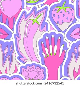 Patrón sensual rosa y púrpura de manos sin fisuras, llama, chili, corazón derritiéndose, beso, fresa y rosa. Ilustración vectorial del Día de San Valentín. Amor y pasión. Papel de envolver, papel pintado, tela