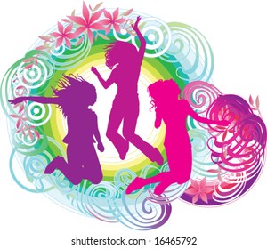 pink and purple silhouetted jumping girls against colorful tropical abstract waves and lei background vector illustration