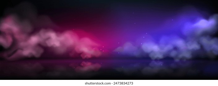 Pink and purple smoke clouds on dark background for vs design. Realistic 3d vector illustration of red and blue heavy fog for boxing or mma versus concept. haze or smog for sport showdown banner.