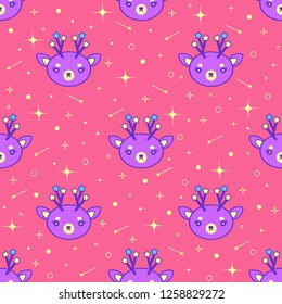 Pink and purple space galaxy deer seamless pattern with stars