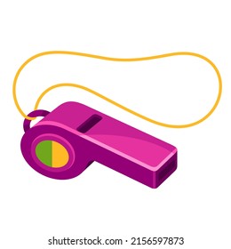 Pink purple sports whistle on rope isometric vector illustration. Trainer referee warning attention security loud sound signal at tournament games or training isolated. Alertness pipe rules regulation