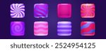 Pink and purple square caramel candies. Cartoon vector illustration set of glossy game ui design buttons or slot machine match elements. Cute sweet lollipop or jelly confectionery with patterns.