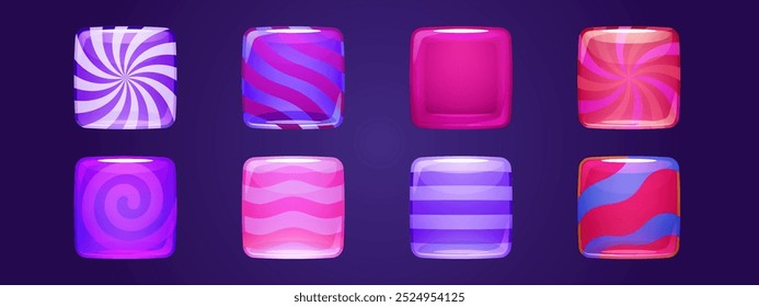 Caramelo quadrado rosa e roxo doces. Cartoon vetor ilustração conjunto de botões de design de interface do usuário de jogo brilhante ou elementos de correspondência de slot machine. Pirulito doce bonito ou confeitaria gelatinosa com padrões.