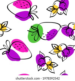 Pink and Purple Strawberry Vector White Seamless Pattern. Sketch Berry Wallpaper. Color Blueberry Line Texture.