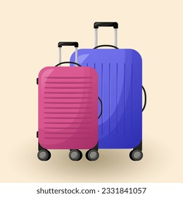 Pink and purple suitcase. Luggage, bag for things, with handles and wheels. Vector illustration. Icon, graphic design element.