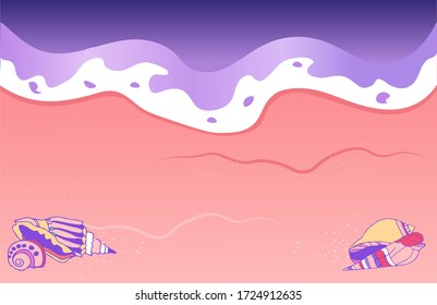 Pink purple summer illustration of water ocean wave and sea shells.  Unique vector horizontal hot red sand template with purple sea foam and conch. Modern flat design banner background for website.