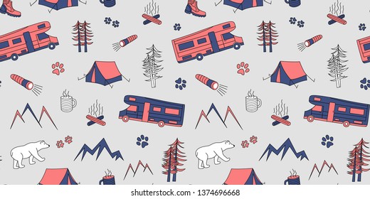 Pink purple travel pattern - seamless print for baby room, baby clothes, travel items. Color flat cute background for camping websites