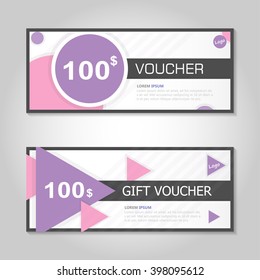 Pink purple triangle and circle gift voucher template layout design set, certificate discount coupon pattern for shopping vector