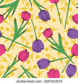 rosafarbene violette Tulpen, Vektorgrafik, nahtloses Muster auf gelbem Hintergrund