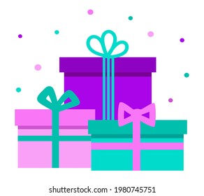 Cajas de regalo rosas, violetas y turquesas. Cajas festivas con cintas aisladas en un fondo blanco. Por un cumpleaños o año nuevo. Caricatura de estilo plano. Ventas de invierno. Diseño de vectores para certificado de regalo, tarjeta.