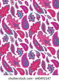 Pink- purple and turquoise seamless vector paisley pattern on white background, indian style