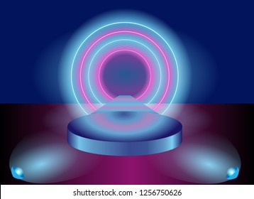 Pink and purple vector background - round stage with lights and spotlights. Backdrop for dance, celebration, show business design projects. Pedestal for winners or stage for performances