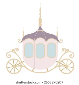 Ilustração de vetor rosa e roxo de um conto de fadas Carro com rodas ornamentadas e telhado de pinça. Arte de fantasia Carrinho para convites de festas de meninas e cartões de felicitações recém-nascidos. Desenho para cartazes de viveiro.