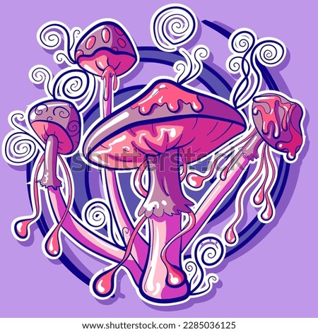 Pink and purple vector illustration of LSD mushrooms with spores. Psychedelic psylocybin shrooms vector. Vibrant colorful drugs and trippy visual