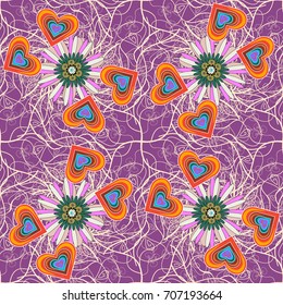 Pink, purple and violet colors vector seamless pattern with many flowers.