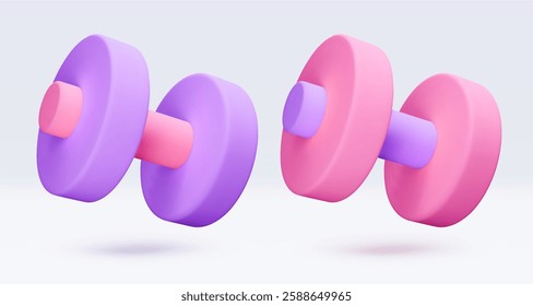 Pink, purple, violet Dumbbell Realistic icon, 3d render. Isolated on white backround. Sport And Fitness design set. Vector illustration for shop, flyer, banner, web, advertising, sale